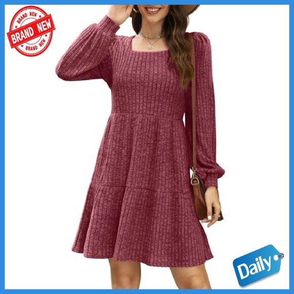Long Sleeve Babydoll Sweater Dress Square Neck Flowy Tunic - Picture 4 of 8